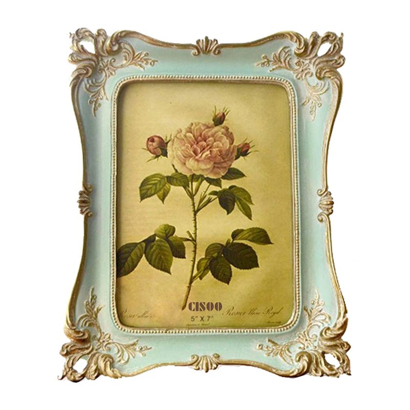 CISOO 5x7 Vintage Picture Frame Antique Ornate Blue Photo Frame, for Table Top and Wall Display, Decorative Floral Design Retro Home Decor, Photo Gallery Art - Image 1